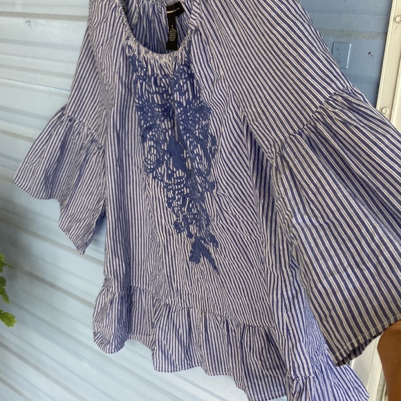 Wmns ICE International Concepts Top Shirt Blouse Blue Striped Embroidered Sz M - Picture 5 of 7